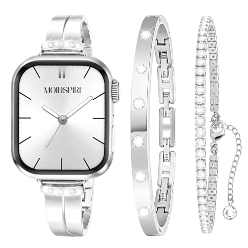 Moinspire Silver Slim Band and 2Pcs 18k Golden Bracelet Set for Women Compatible with Apple Watch 38mm 40mm 41mm 42mm(S10/11) Adjustable Metal Dressy Strap for iWatch Series 11/10/9/8/7/6/5/4/SE/3/2/1 - Image 1