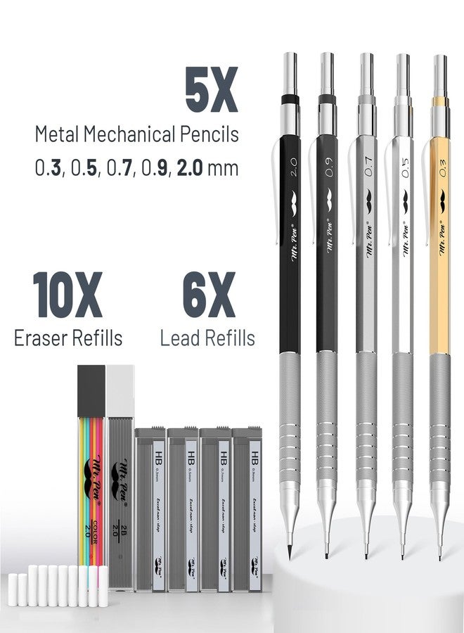 Mr. Pen- Metal Mechanical Pencil Set with Leads and Eraser Refills, 5 Sizes - 0.3, 0.5, 0.7, 0.9 and 2 Millimeters, Sketching/ Drafting Pencil - Image 2