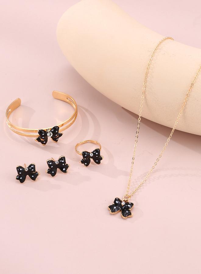 Take Two 4pcs Girl's Bow Decor Necklace Bracelet Earrings And Ring Set - Image 1