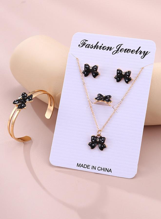 Take Two 4pcs Girl's Bow Decor Necklace Bracelet Earrings And Ring Set - Image 2