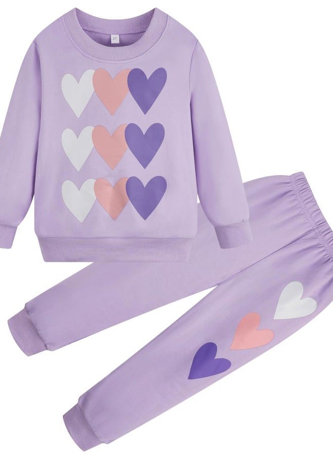RETSUGO Little Girls Heart Outfit Kids Clothes Set Heart Print Holiday Sweatshirt and Sweatpants Toddler Girl Clothes Fall/Winter Girls Purple Outfits Size 8/6784 - Image 1