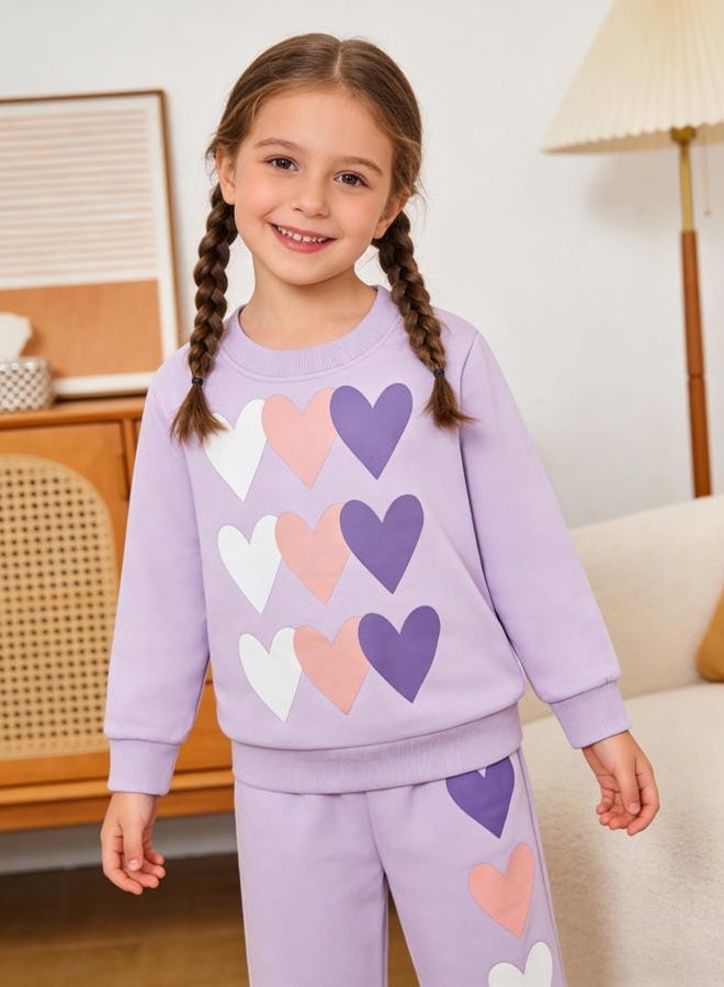 RETSUGO Little Girls Heart Outfit Kids Clothes Set Heart Print Holiday Sweatshirt and Sweatpants Toddler Girl Clothes Fall/Winter Girls Purple Outfits Size 8/6784 - Image 4