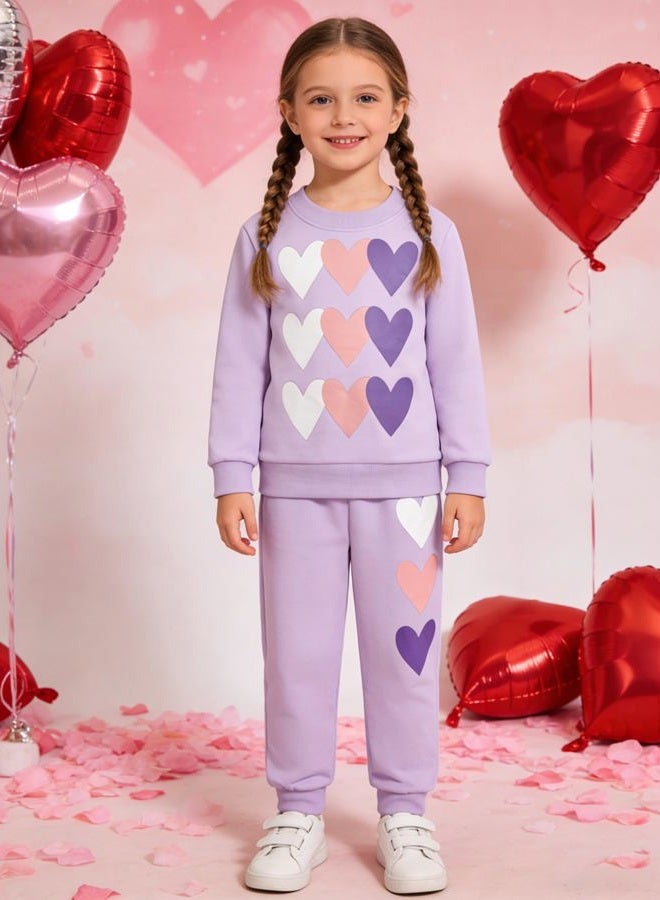 RETSUGO Little Girls Heart Outfit Kids Clothes Set Heart Print Holiday Sweatshirt and Sweatpants Toddler Girl Clothes Fall/Winter Girls Purple Outfits Size 8/6784 - Image 2