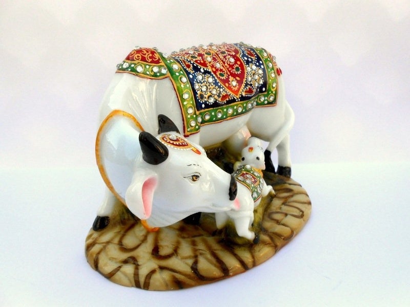 NRSON Handicraft Decorative Marble dustPolyresin Cow and Calf Big StatueIdol 5x3x3Inch Multicolour - Image 4