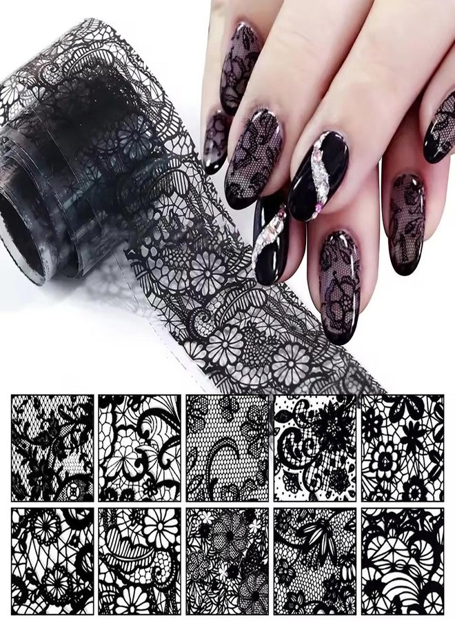 HYWWPFLAY 10 Sheets Lace Nail Foils Transfer for Nails, Lace Nail Art Foil Transfer Stickers, Holographic Nail Foil Stickers, Manicure Design for DIY Nails Decoration (Black) - Image 2