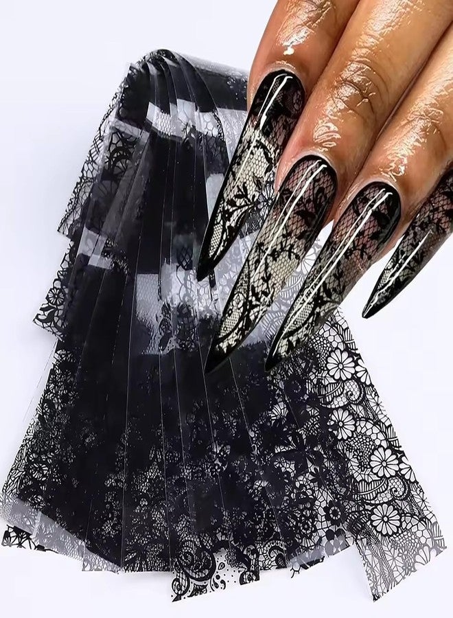HYWWPFLAY 10 Sheets Lace Nail Foils Transfer for Nails, Lace Nail Art Foil Transfer Stickers, Holographic Nail Foil Stickers, Manicure Design for DIY Nails Decoration (Black) - Image 1