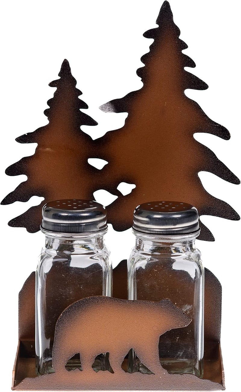 Pine Ridge Metal Bear Salt And Pepper Shaker Set - Two Glass Shakers, Metal Bear Holder Caddy For Spices And Seasonings, For Kitchen, Dining Or Table Decor - Image 1