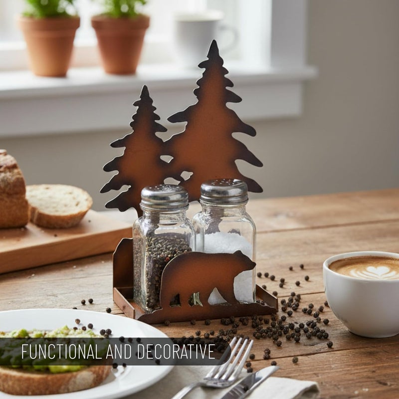 Pine Ridge Metal Bear Salt And Pepper Shaker Set - Two Glass Shakers, Metal Bear Holder Caddy For Spices And Seasonings, For Kitchen, Dining Or Table Decor - Image 2