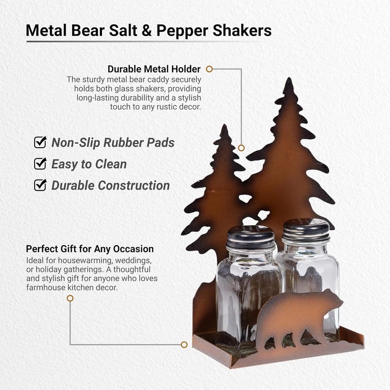 Pine Ridge Metal Bear Salt And Pepper Shaker Set - Two Glass Shakers, Metal Bear Holder Caddy For Spices And Seasonings, For Kitchen, Dining Or Table Decor - Image 4