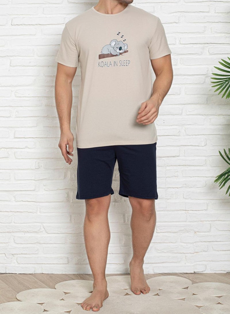 trendyol Indigo Beige Regular Fit Koala Printed Pajama Set - Image 3