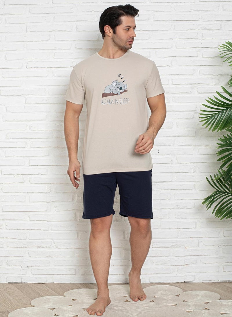 trendyol Indigo Beige Regular Fit Koala Printed Pajama Set - Image 1