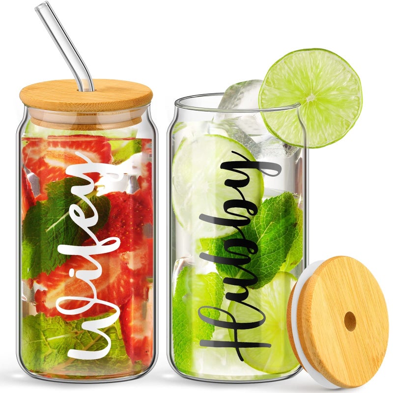Sieral 2 Pcs Hubby and Wifey Drinking Glasses 16 oz Beer Cup with Bamboo Lids and Glass Straws Bridal Shower Gift Can Shaped Iced Coffee Cup Glass Tumbler Engagement Gifts for Women Drinking Jars 
