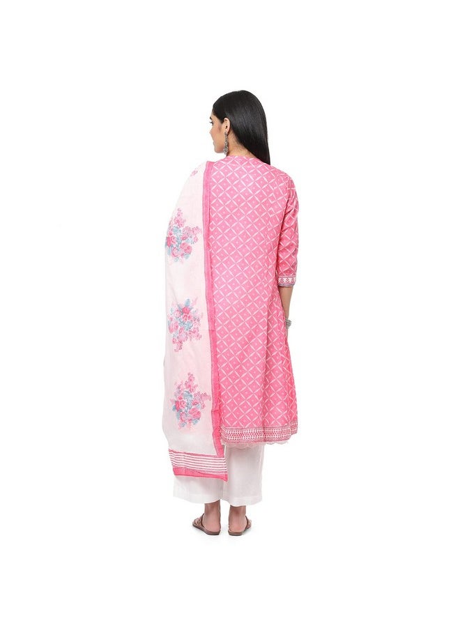 Biba - BIBA Women Chanderi Printed Straight Salwar Kurta Dupatta(Skdphulkari8486_Pink_38) - Image 1