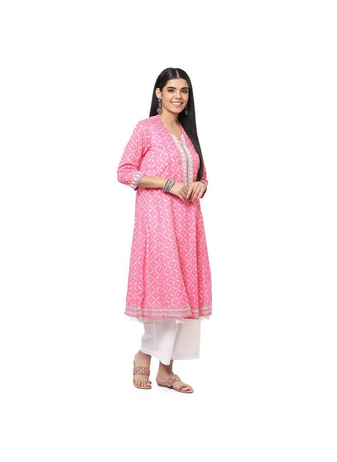 Biba - BIBA Women Chanderi Printed Straight Salwar Kurta Dupatta(Skdphulkari8486_Pink_38) - Image 1