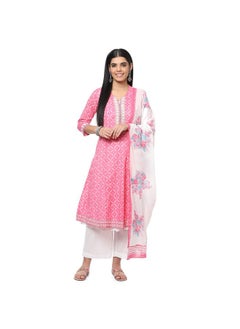 BIBA Women Chanderi Printed Straight Salwar Kurta Dupatta(Skdphulkari8486_Pink_38)
