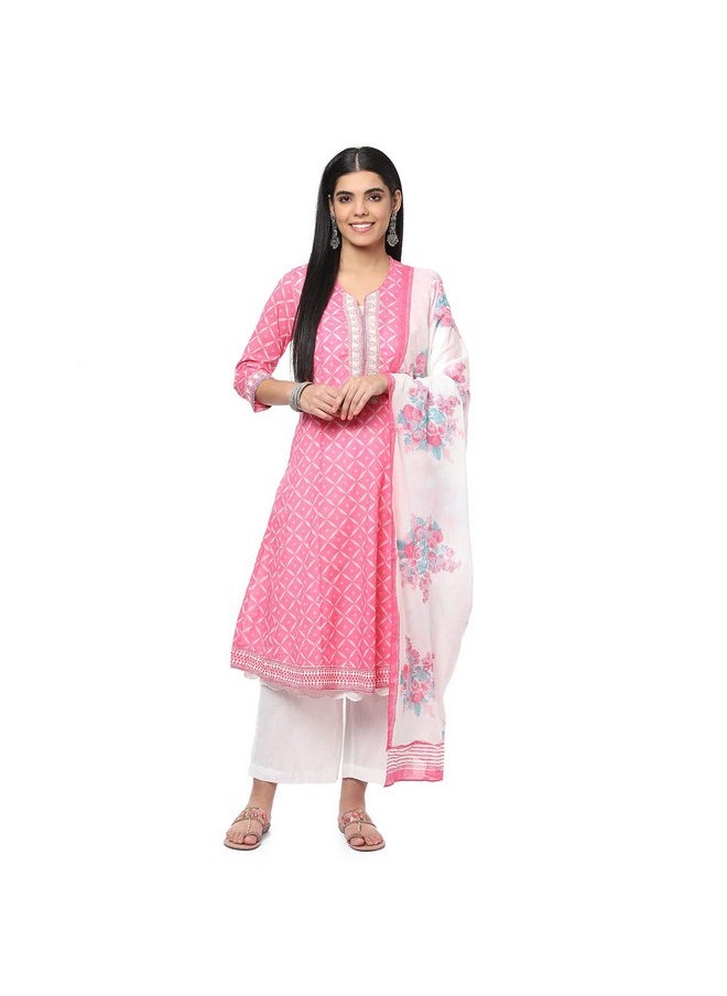Biba - BIBA Women Chanderi Printed Straight Salwar Kurta Dupatta(Skdphulkari8486_Pink_38) - Image 1