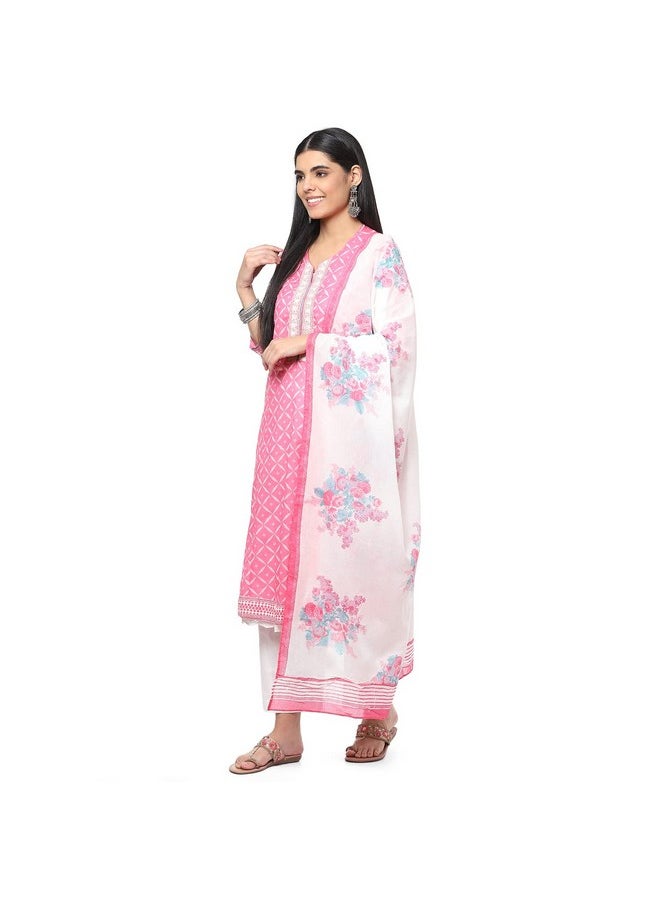 Biba - BIBA Women Chanderi Printed Straight Salwar Kurta Dupatta(Skdphulkari8486_Pink_38) - Image 1