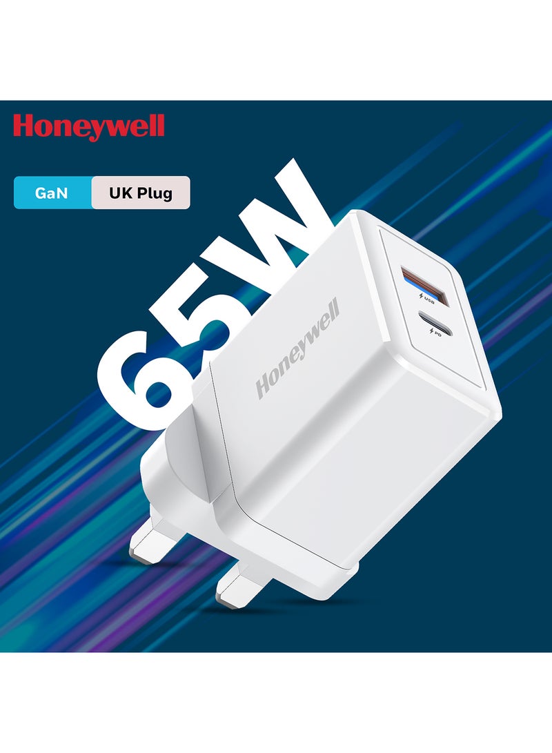 Honeywell Gan 65W Ultrafast Laptop Charger With Usbc And Usb A Ports For Laptop Dell Hp Macbook Oneplus Iphone 16/15/14 Google Pixel And Samsung Galaxy 3 Yrs Manufacturer Warranty White White - Image 1