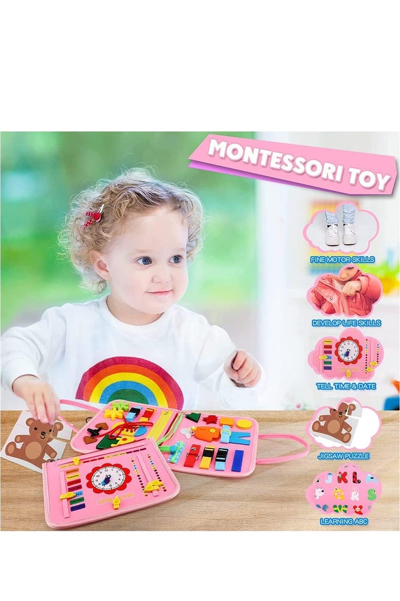 Educational Activity Board for 1, 2, 3, 4 Year Olds, Montessori Sensory Activity Board, Fine Motor Skills Learning Toys for Preschool Boys and Girls, Great Baby Toys (Pink) - Image 2