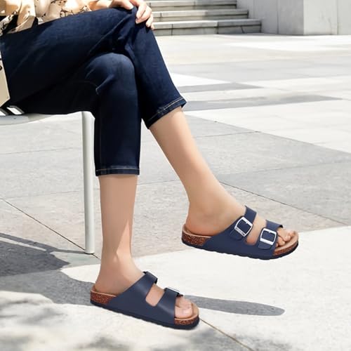 ODOLY Unisex Cork Footbed Slide Sandal, Arch Support Summer Outdoor Sandals with Adjustable Buckle for Women and Men, Navy 37 (6.5-7 Women/5-5.5 Men) - Image 2