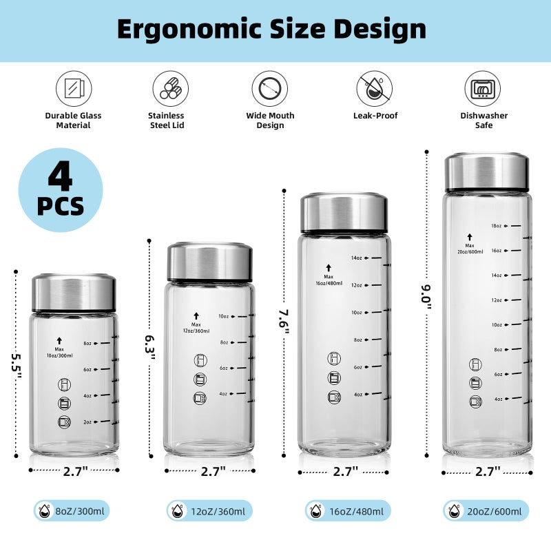 chunmo Glass Juice Bottles 4 Pack 16 oz - Wide Mouth Glass Water Bottles with Lids - Borosilicate,Stainless Steel Lids for Juicing, Smoothies, Infused Water, Beverage Storage, Leakproof, Reusable,BPA Free - Image 5