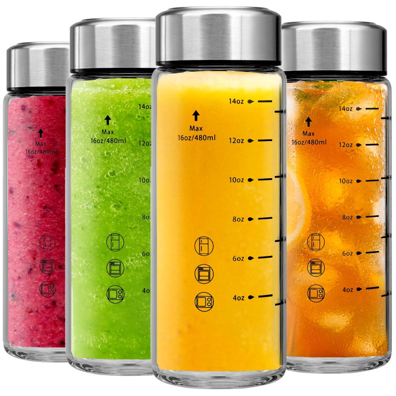 chunmo Glass Juice Bottles 4 Pack 16 oz - Wide Mouth Glass Water Bottles with Lids - Borosilicate,Stainless Steel Lids for Juicing, Smoothies, Infused Water, Beverage Storage, Leakproof, Reusable,BPA Free - Image 1
