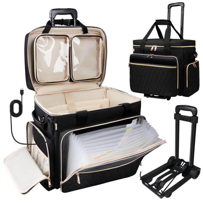 SIYNPAV Rolling Teacher Bag with Accordion File Organizer, USB Port& 15.6 Inch Laptop Compartment, Wheeled Teacher Tote Bag with Detachable Trolley for Teaching& Office Supplies Storage (Black) - Image 1
