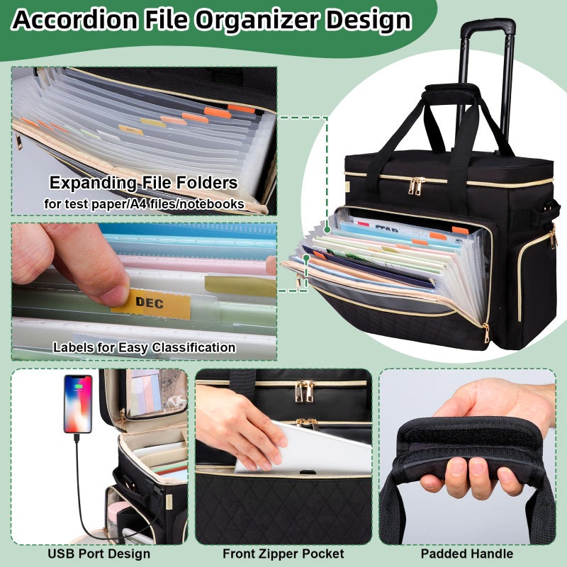 SIYNPAV Rolling Teacher Bag with Accordion File Organizer, USB Port& 15.6 Inch Laptop Compartment, Wheeled Teacher Tote Bag with Detachable Trolley for Teaching& Office Supplies Storage (Black) - Image 2