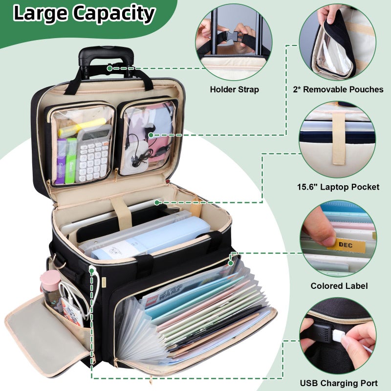 SIYNPAV Rolling Teacher Bag with Accordion File Organizer, USB Port& 15.6 Inch Laptop Compartment, Wheeled Teacher Tote Bag with Detachable Trolley for Teaching& Office Supplies Storage (Black) - Image 4