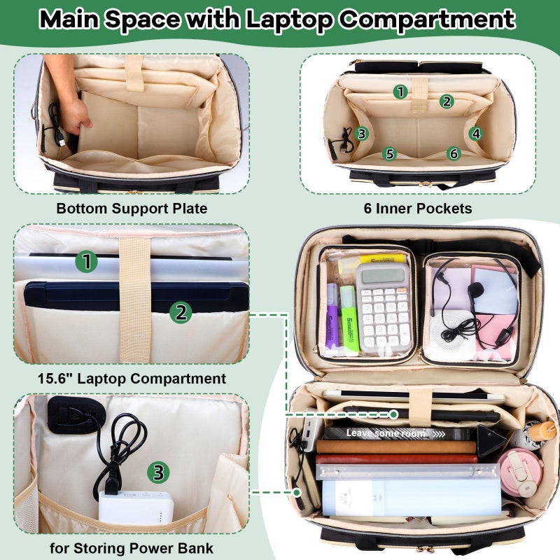 SIYNPAV Rolling Teacher Bag with Accordion File Organizer, USB Port& 15.6 Inch Laptop Compartment, Wheeled Teacher Tote Bag with Detachable Trolley for Teaching& Office Supplies Storage (Black) - Image 5