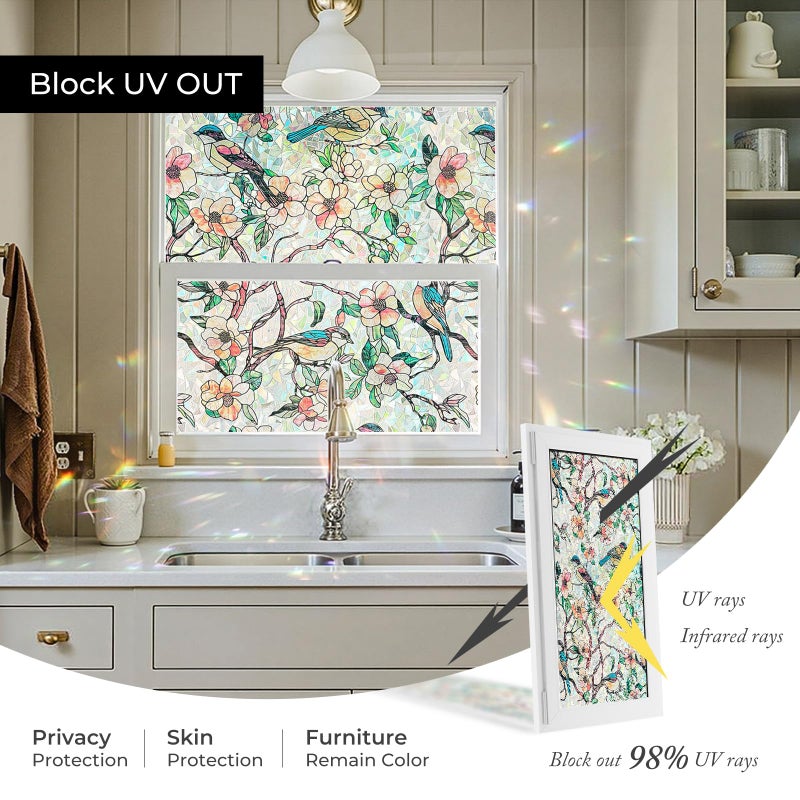 ADD.HERES Window Privacy Film Home Room Bathroom Spring Decor Car Decorations, Stained Glass Window Film, Static Cling Window Film, Rainbow Window Film (Blooms & Birds Paradise, 17.5" X 78.7") - Image 5
