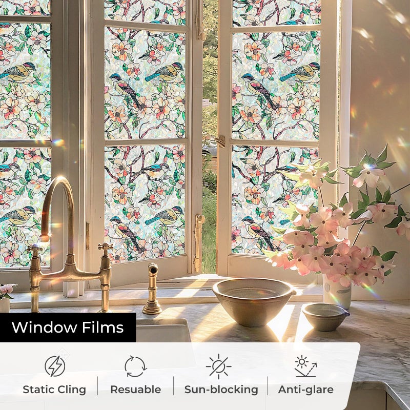 ADD.HERES Window Privacy Film Home Room Bathroom Spring Decor Car Decorations, Stained Glass Window Film, Static Cling Window Film, Rainbow Window Film (Blooms & Birds Paradise, 17.5" X 78.7") - Image 4