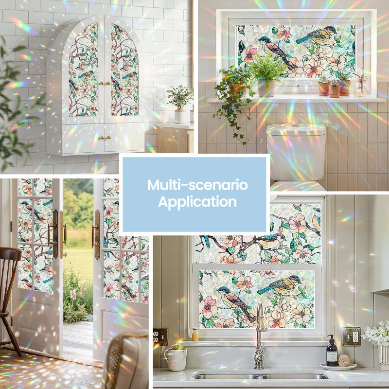 ADD.HERES Window Privacy Film Home Room Bathroom Spring Decor Car Decorations, Stained Glass Window Film, Static Cling Window Film, Rainbow Window Film (Blooms & Birds Paradise, 17.5" X 78.7") - Image 2