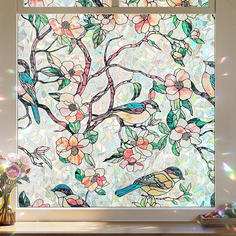 ADD.HERES Window Privacy Film Home Room Bathroom Spring Decor Car Decorations, Stained Glass Window Film, Static Cling Window Film, Rainbow Window Film (Blooms & Birds Paradise, 17.5" X 78.7") - Image 1