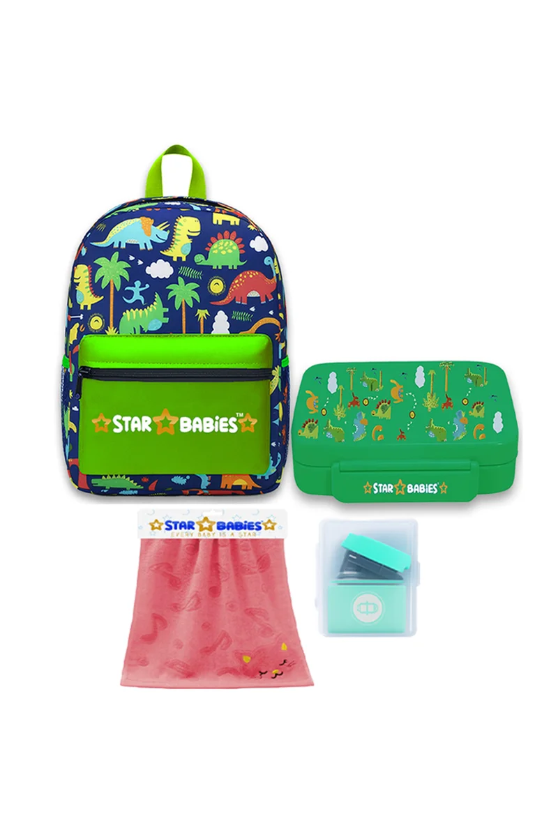 STAR BABiES Star Babies 16-Inch Jungle Green Themed Children's Backpack with Adjustable Shoulder Strap for Hiking Large with Bento Lunch Box with 4 Compartments, BPA Free, Leak-Proof, Toddler-Friendly, 3 Years+ size,Pack of 2