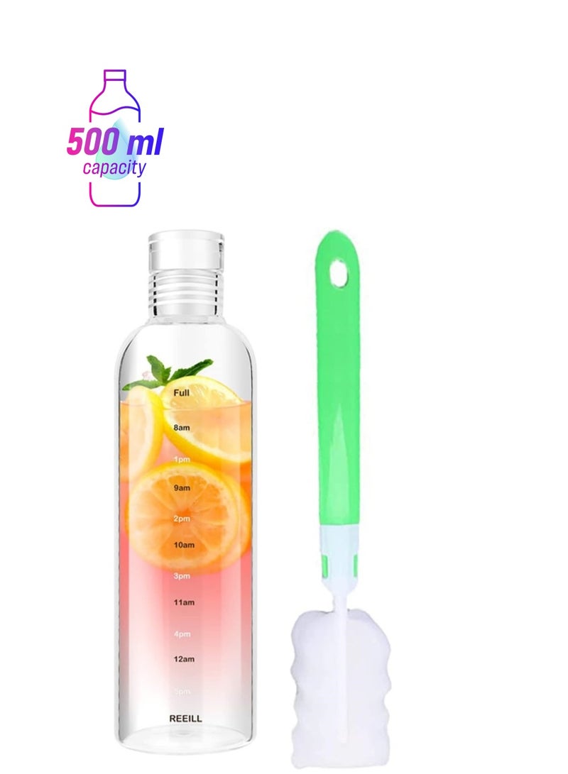 Home zone 500ml Water Bottles with Time Marker Reusable Clear Glass Drinking Bottles Suitable For Office Gym Outdoors - Image 1