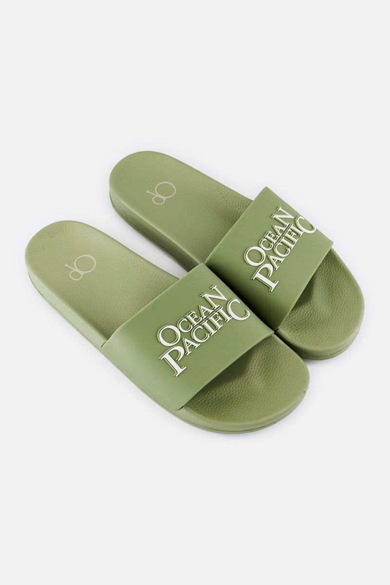 Ocean Pacific Men Brand Logo Slip On Slides, Olive  - Image 2