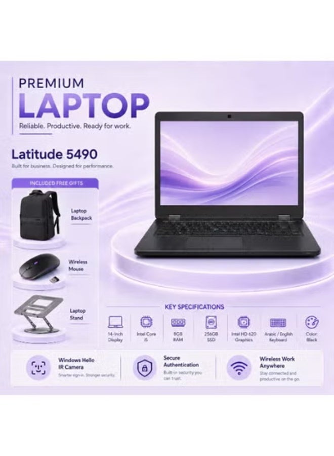لابتوب أعمال مميز بمعالج Intel Core i5 من الجيل الثامن، ذاكرة 8 جيجابايت، هارد 256 جيجابايت SSD، لوحة مفاتيح عربي/إنجليزي مع هدايا مجانية (شنطة ظهر، حامل، وماوس) - Image 1