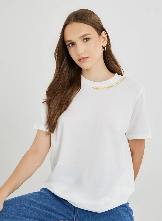 تايك تو Take Two Embroidery Slogan Round Neck T-Shirt