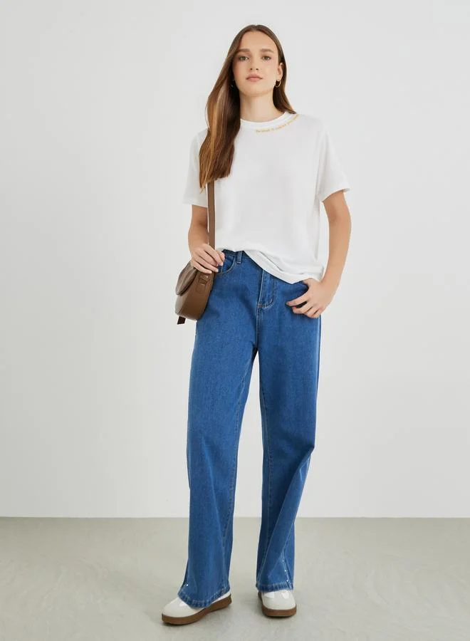 تايك تو Take Two Embroidery Slogan Round Neck T-Shirt