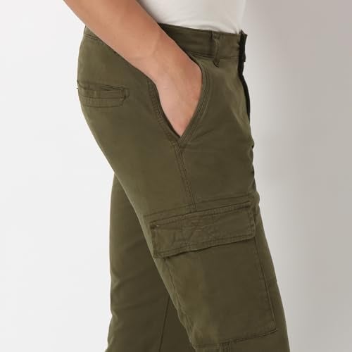 Spykar Men Solid Mid Rise Regular Fit Cargo Pant Olive Green, 30 - Image 3