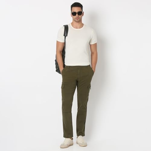 Spykar Men Solid Mid Rise Regular Fit Cargo Pant Olive Green, 30 - Image 4