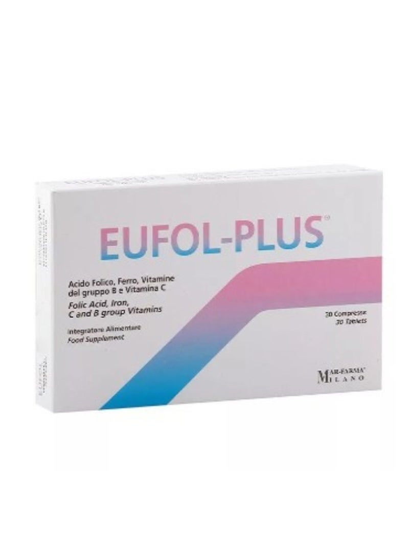 EUFOL-PLUS Food Supplement with Folic Acid, Iron, Vitamin C & B Group Vitamins, 30 Tablets