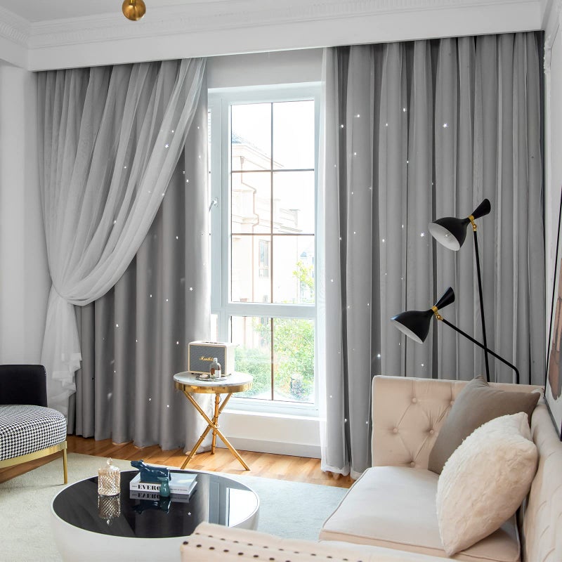 Loyala Star Blackout Curtains for Bedroom Double Layer Kids Cute 84 Inch Long 1 Panel Grey