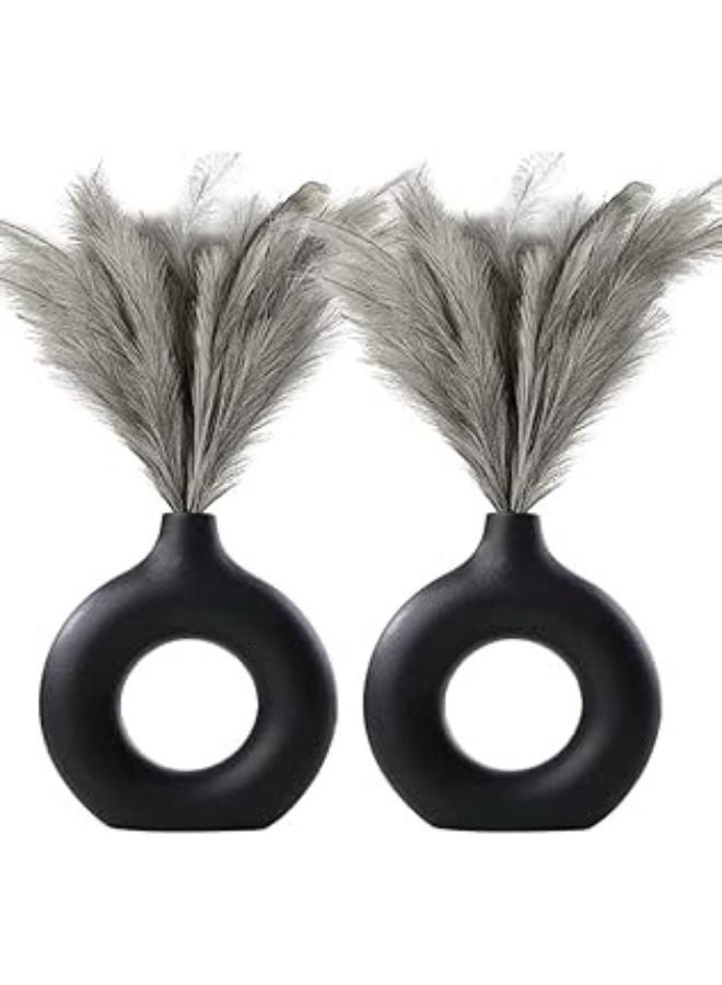 Ceramic Shop The Vase Black Ring Vase | Flower Vase | Pampas Grass Vase | Vase | Round Shaped Vase | Home Decor Centrepiece | Decor Showpiece Donut Vase - (Set Of 2) 8 And 8 Inches 