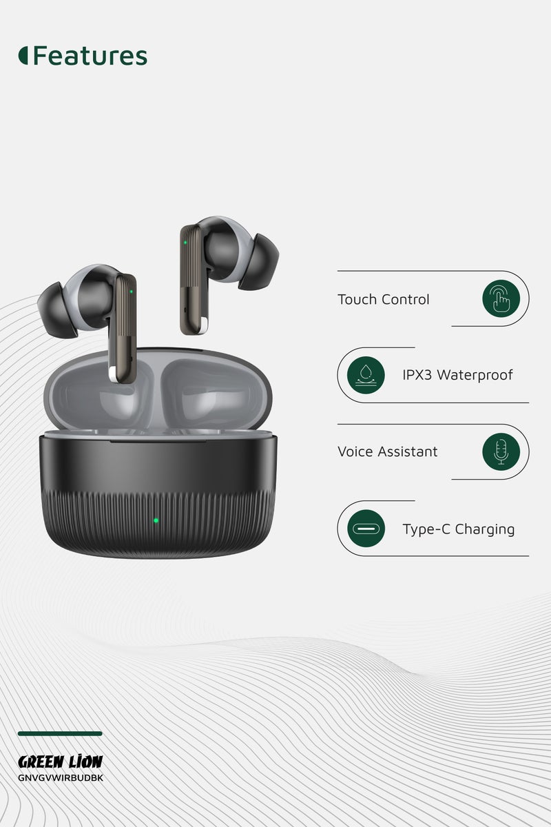 GREEN LION Vancouver True Wireless Earbuds with Dual Mic ENC / Truewireless Headphones Bluetooth V6.0 / Game Mode / 12 Hours with Case - Black - Image 4