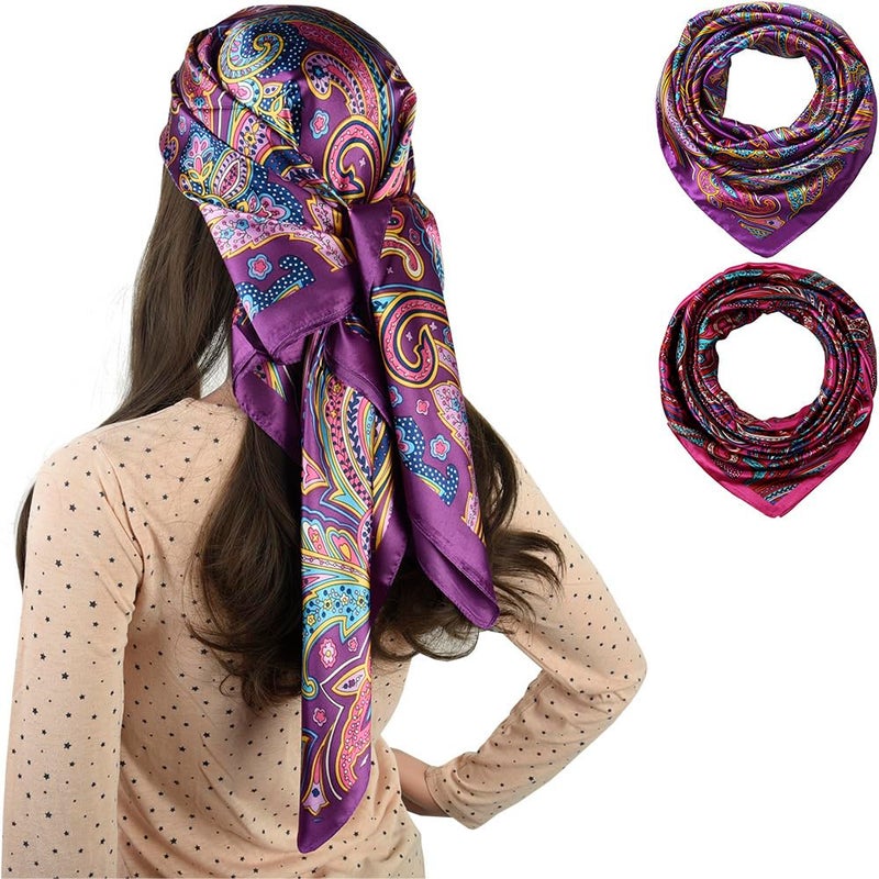 corciova 2 Pcs 35 Square Hair Scarf Black Women Silk Headband Tie Sleeping Night Bandanas Headscarf Paisley (Purple Fuchsia) - Image 1