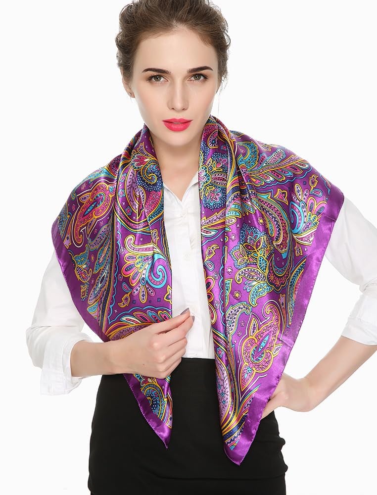 corciova 2 Pcs 35 Square Hair Scarf Black Women Silk Headband Tie Sleeping Night Bandanas Headscarf Paisley (Purple Fuchsia) - Image 2