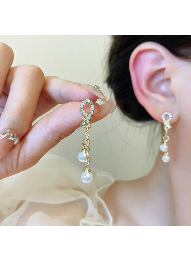 Goolsky أقراط طويلة من اللؤلؤ مع شرابات زركون كاملة للنساء – أقراط فريدة أنيقة، شرابات زركون كاملة مع لمسات لؤلؤ مضادة للتأكسد، مناسبة لحفلات الزفاف الرسمية واجتماعات عيد، - Image 3