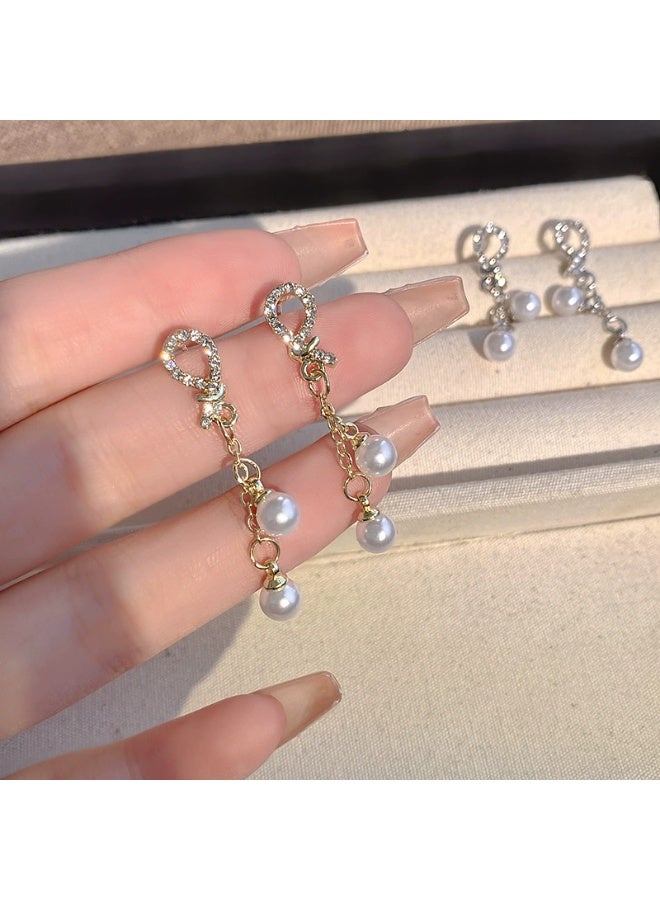 Goolsky أقراط طويلة من اللؤلؤ مع شرابات زركون كاملة للنساء – أقراط فريدة أنيقة، شرابات زركون كاملة مع لمسات لؤلؤ مضادة للتأكسد، مناسبة لحفلات الزفاف الرسمية واجتماعات عيد، - Image 1